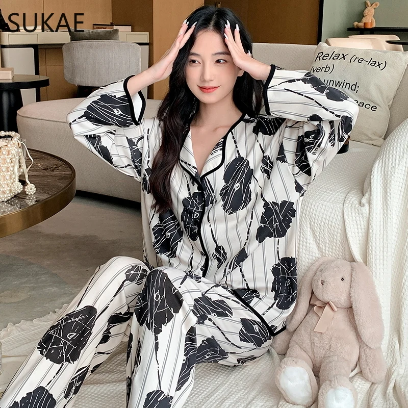 SUKAE M-5XL Autumn Winter Women\'s Sleepwear Home Clothes Cadigan Long Sleeves Pajamas Set Cute Cat Printed Lady Lapel Pijamas