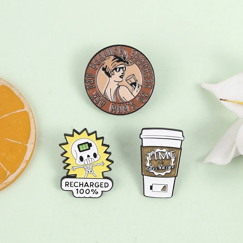 Recharge Time Enamel Pins Playful Skeleton  Coffee Brooches Novelty Vintage Woman Lapel Badges Gift For Friends