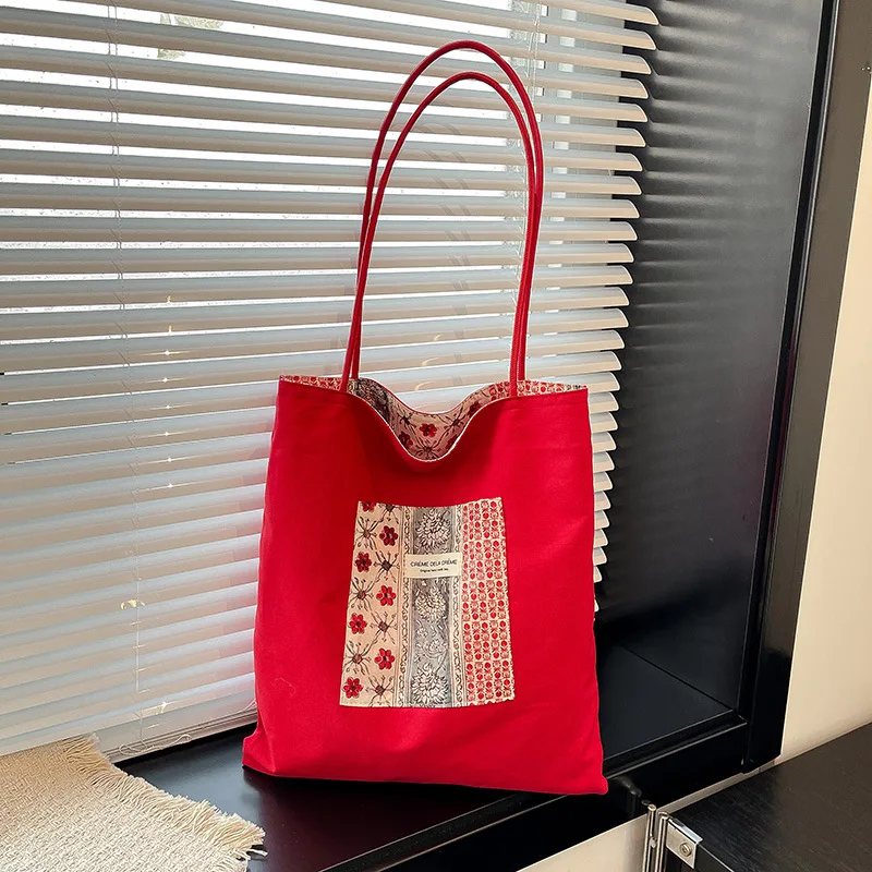 

Trendy Korean Floral Print Shoulder Bag Spring New Double Sided Casual and Simple Commuting Bag Lightweight Canvas Tote Bag