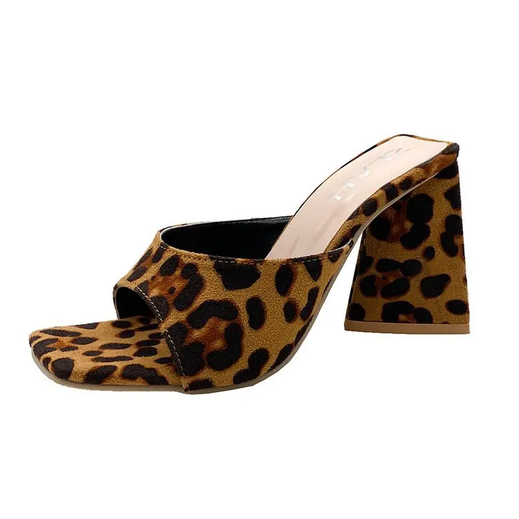 Female Shoes Square heel Peep Toe On A Wedge Ladies\' Slippers Low Women Heels Big Size 2024 Block Leopard High Fabric Rome Rubbe