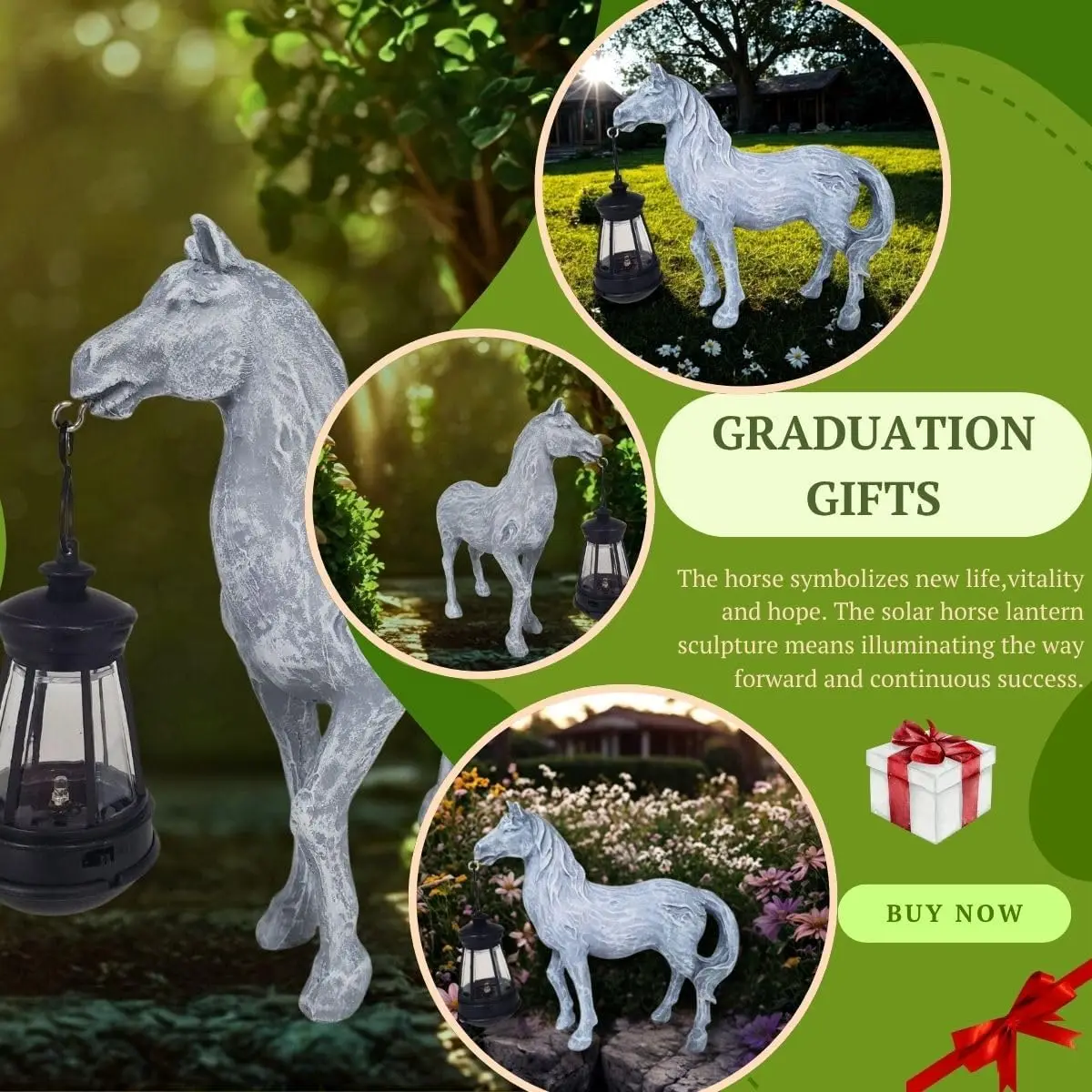 Statua da giardino per cavalli con lanterna solare, statuette di cavalli da giardino per esterni, decorazioni per la casa, patio, cortile, prato, regali per la mamma