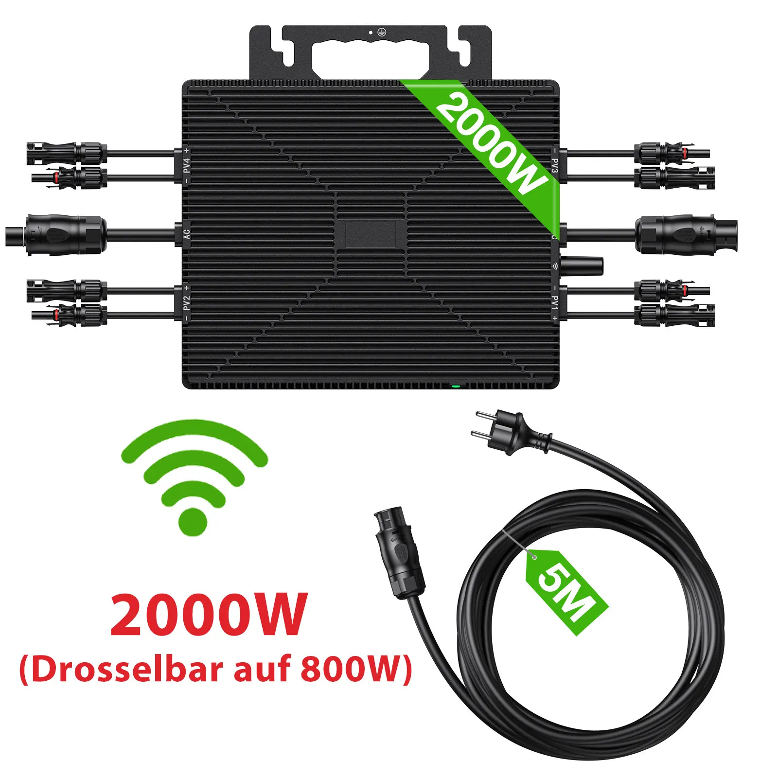 LIONSHEE 800W/1600W/2000W Mikro-Wechselrichter 230V 50Hz Netzgekoppelt VDE, MPPT 25-55V, IP67, WLAN, Solarman APP-Überwachung, 5M AC-Kabel