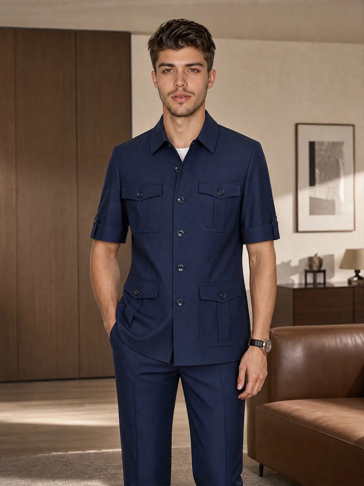 2026 New Summer Safari Suits for Men with Short Sleeves 2 Pieces Men Suits Slim Fit Blazer with Pants Set Casual Wedding Groom