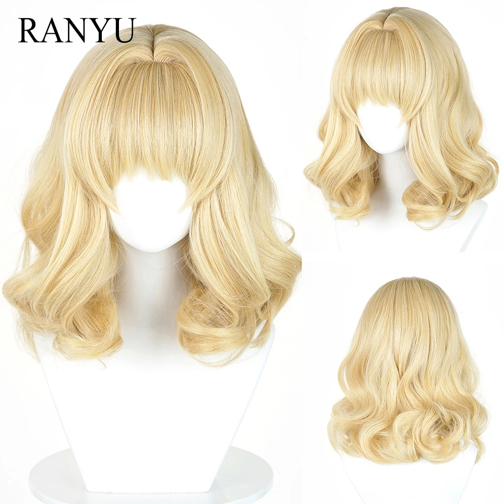 Blonde Short Wavy Synthetic Wigs with Bangs Fluffy Anime Game Cosplay Heat Resistant Wig for Daily Party