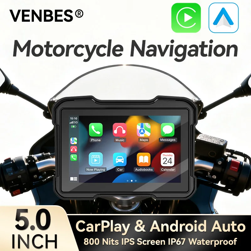 

Дисплей VENBES 5 дюймов для мотоцикла с CarPlay, беспроводной Android Auto, GPS-навигация, быстрая зарядка USB Type-C