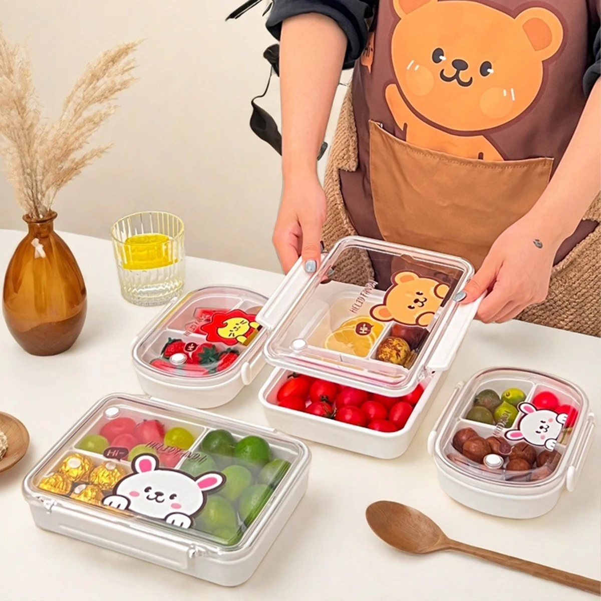 WORTHBUY New Cute Transparent Plastic Sealed Divided Bento Box Microwavable Portable Sealed Lunch Box Fruit Salad Food Container