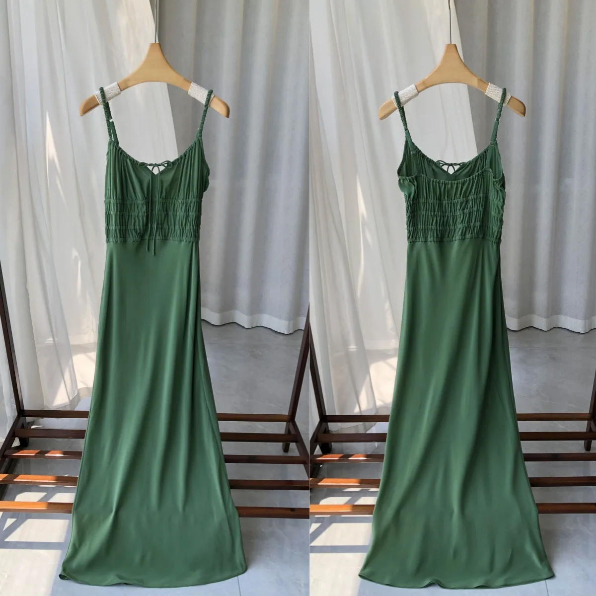 French Sexy Pleated Waist 100% Silk Drawstring Sling Dress Kobieca sukienka do poลowy ลydki bez rฤkawรณw Slip Dresses Holiday Midi Dress