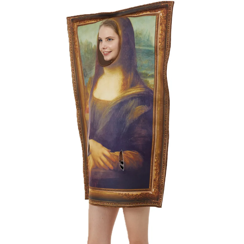 คอสเพลย์ Mona Lisa ภาพจิตรกรรมฝาผนังของตกแต่งชุดสำหรับผู้ใหญ่ใช้ได้ทั้งชายและหญิงฟองน้ำ Jumpsuit ฮาโลวีนคลาสสิก Carnival แฟนซีชุดปาร์ตี้