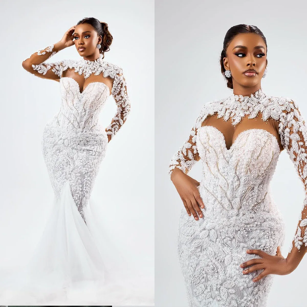 Fashion Mermaid Wedding Dress Appliques Beaded Bridal Gowns High Collar Long Sleeves Sweep Train Dresses Custom Made vestidos