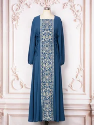 Classic Embroidery Blue Women Jalabiya Arabic Dress Modest Muslim Abaya-Square Neckline, Long Sleeve Elastic Cuff, Side Lace Up