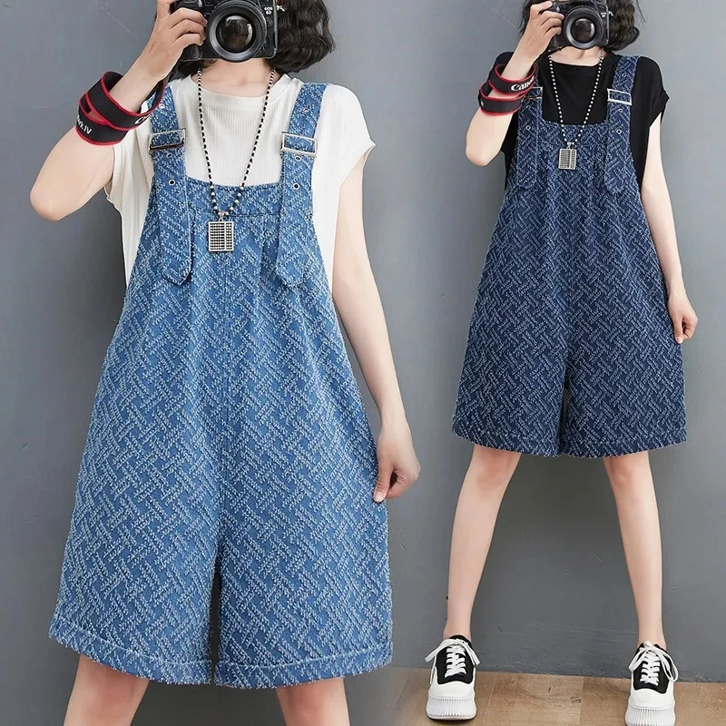 2026 Summer Fashion Jacquard Denim Jumpsuits For Women Loose High Waist Wide Leg Straps Shorts Ladies Casual Retro Jeans Rompers