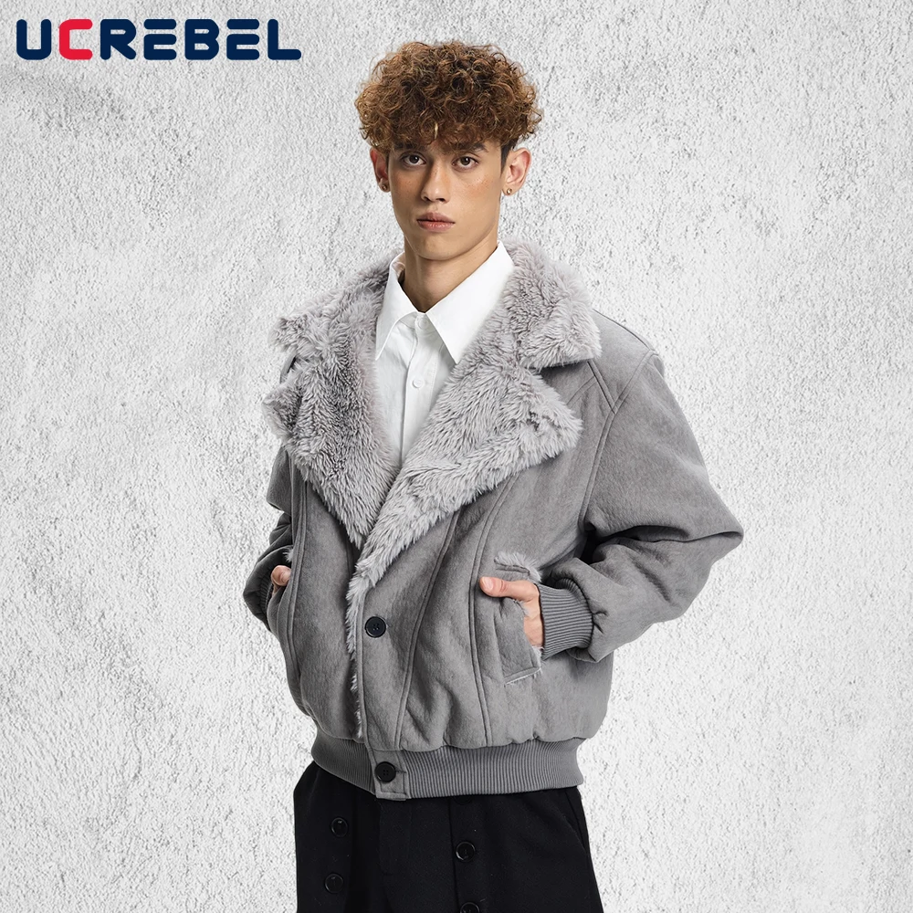 Retro Lapel Padded Jacket Mens Solid Color High Street Autumn Winter Thick Fur Collar Long Sleeve Ou