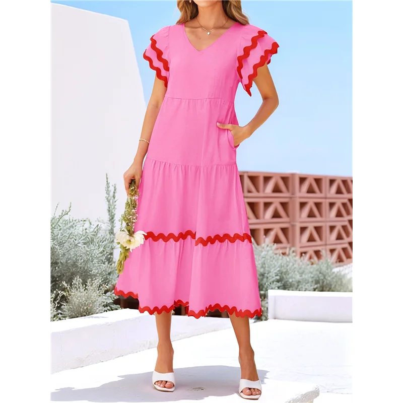 ABP-Mulheres 2025 verão casual midi vestidos com decote em v flutter manga curta plissado em camadas uma linha flowy praia vestido longo