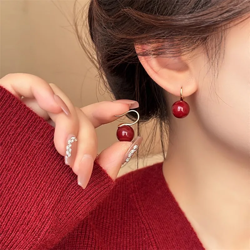 French Vintage Red Spot U-shaped Round Drping Oil Gold Plating Zircon Hoop Earrings for Women Temperament Charms Premium Jewelry image 5