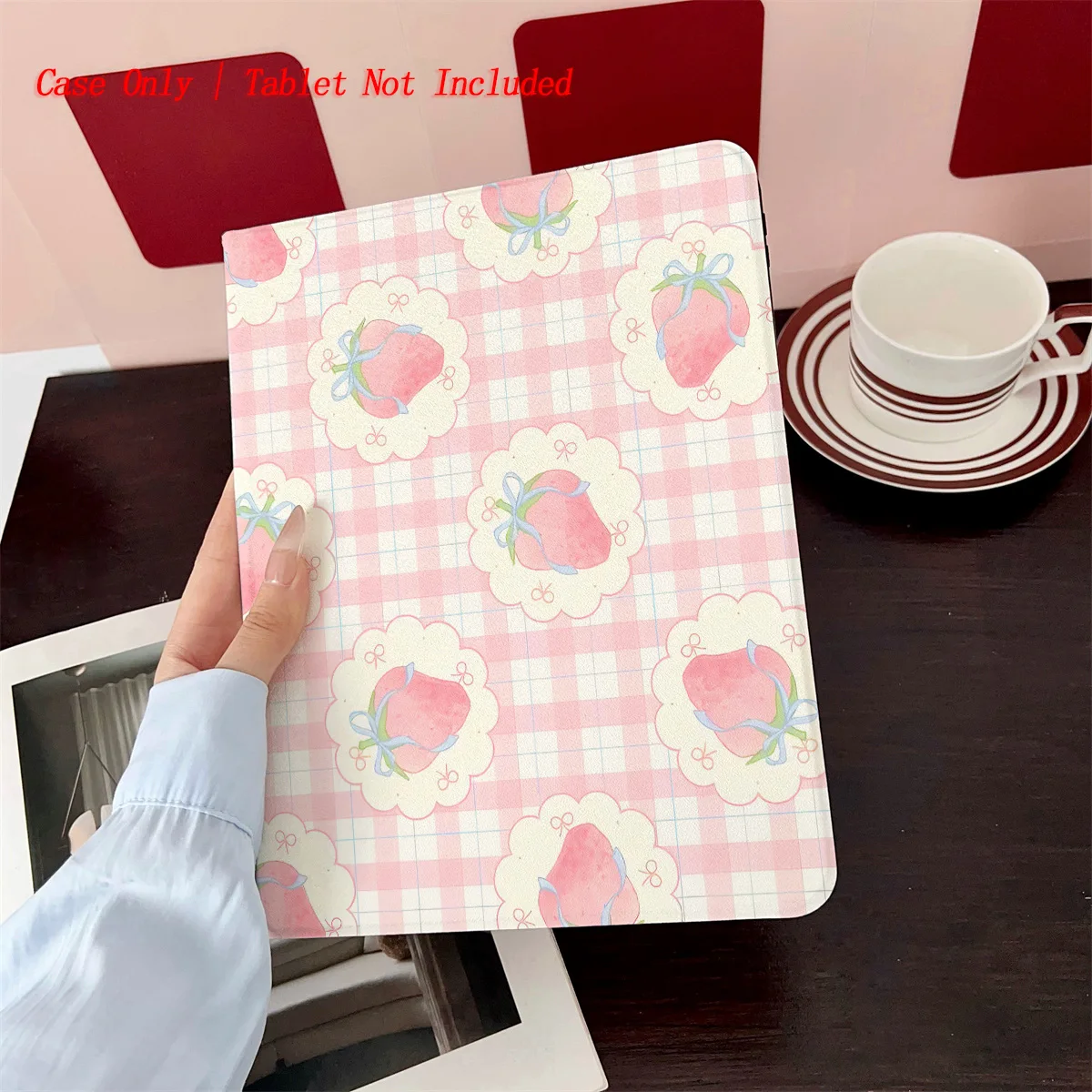 

Cute Small Pink Strawberries on Pink Plaid Base iPad Case for Air 4/5/6 10.9 3rd Gen 9.7 Anti-Scratch Protective Cover