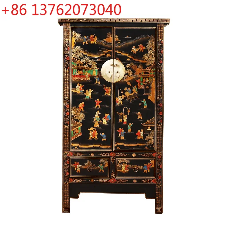 

American Antique Style Solid Wood Wardrobe with Gold Hand-Painted Clothes Hanging Rod Large Vintage Bedroom Storage MDF Door