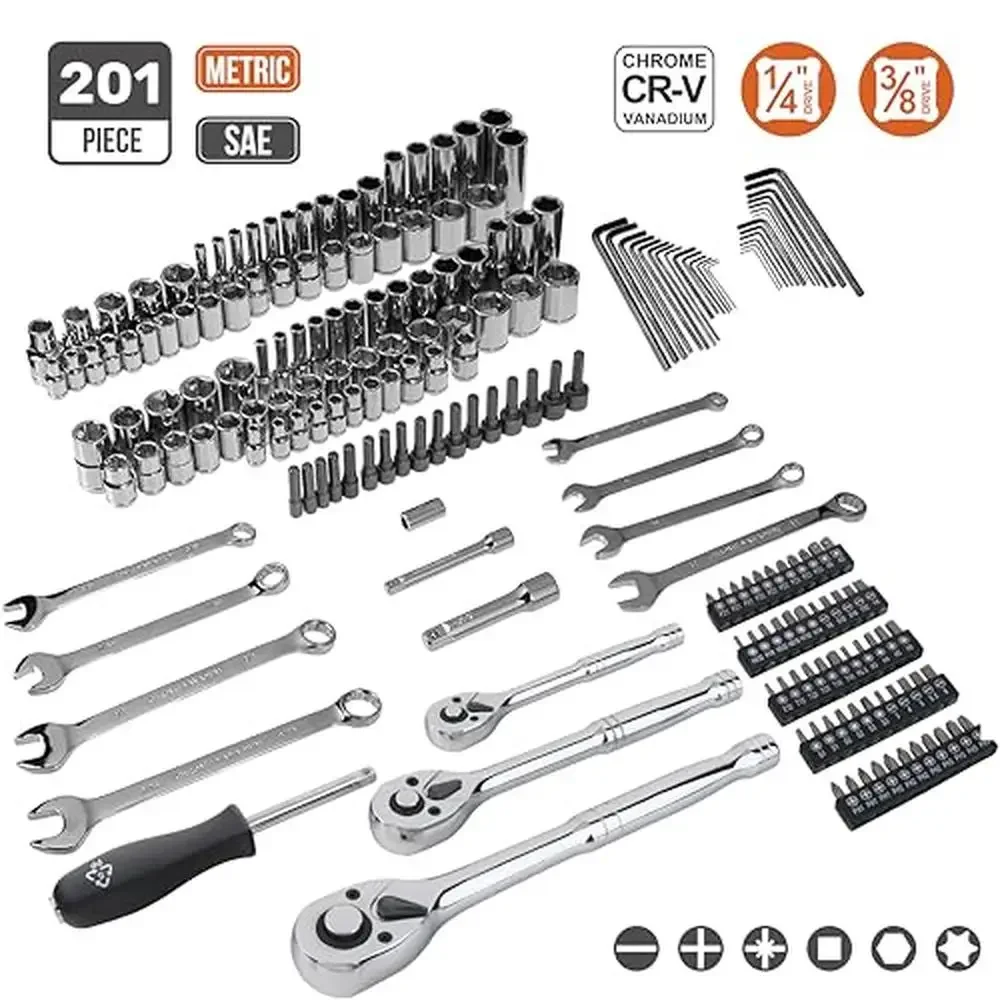 201-Piece Chrome Vanadium Steel Mechanic's Tool Socket Set with Case Storage Box Nuts Bolts Metric SAE Screwdriver Bits Hex Keys
