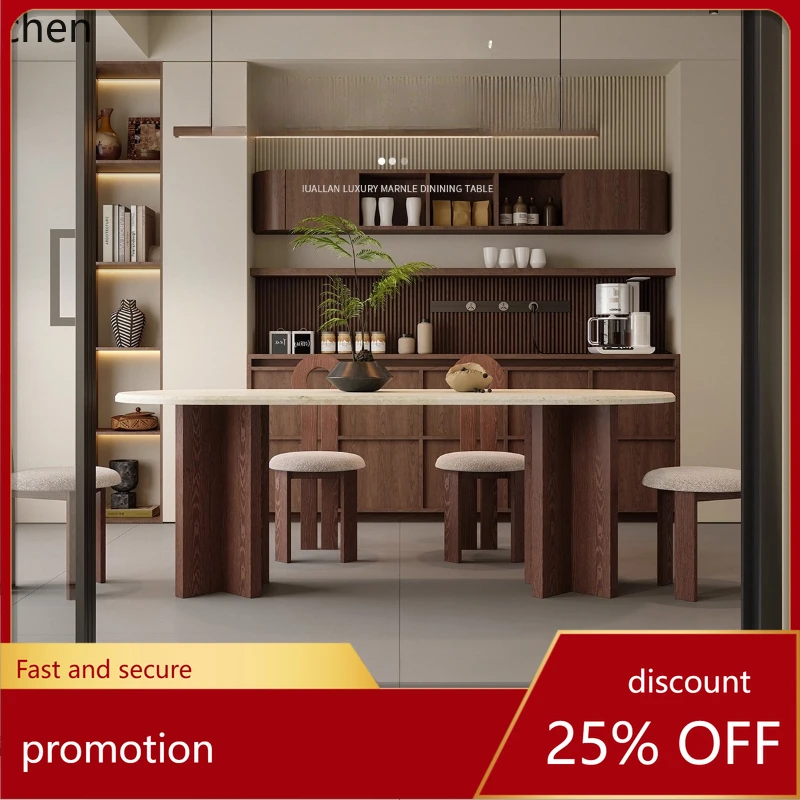 

HXL Dining Table Oval Natural Marble Solid Wood Dining Table Travertine Dining Table