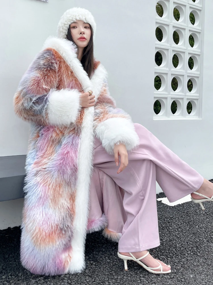 Pink Faux Fur Long Coat Women Tie Dye Print Hooded Faux Fur Coat Colorful Fashion 2023 Winter Thick Warm Fluffy Jacket Overcoat