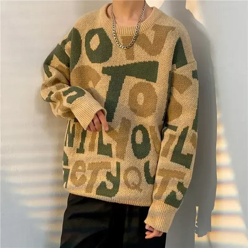 Men's Clothing Coat Crewneck Jacket Knit Sweater Male Round Collar Letter Pullovers Large Big Size Winter 2024 Thick Tops Trend