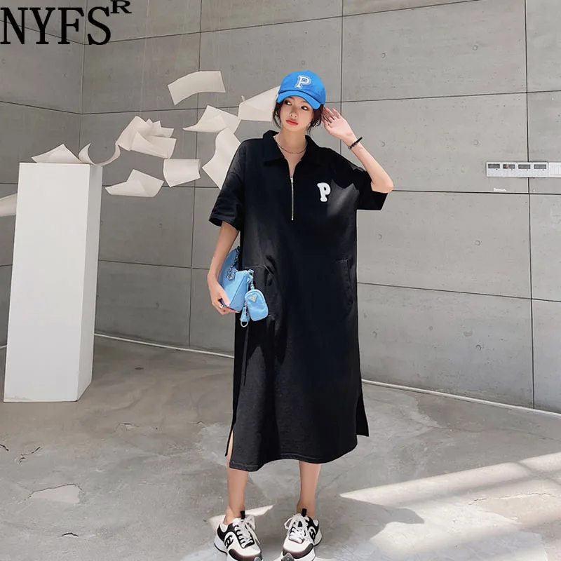 

NYFS 2022 Summer New Korea Woman Dress Vestidos Robe Elbise Cotton Loose Plus Size Short Sleeve Polo Collar Long Dresses L-4XL