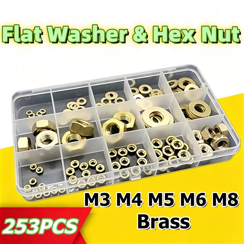 253PCS M3 M4 M5 M6 M8 Brass Flat Washer And Brass Copper Hex Nut Assortment Kits Plain Washer Hex Nut Kit Box For Screw Bolt