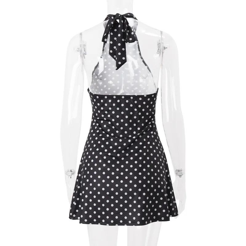 Elegantes, schulterfreies Minikleid mit Polka-Dot-Muster, ärmellos, rückenfrei, hohe Taille, Neckholder, Y2K-Sommermode, Club-Party, Damenkleid – Detail 23