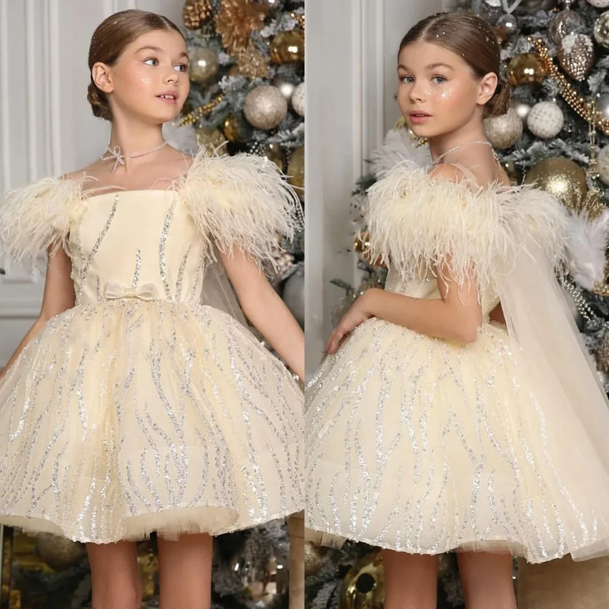 

Customized Champagne Flower Girl Dresses for Wedding Feather Sequins First Communion Lovely Baby Kids Birthday Party Gowns