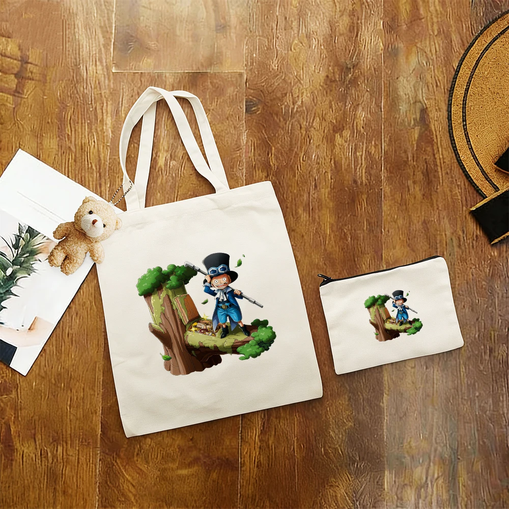 

Kawaii One Piece Luffy Childhood Forest Scene Anime Canvas Tote Bag 3pcs/set Print Shoulder Bag Mini Coin Purse Casual Bag Set