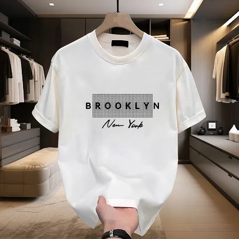 تي شيرت رجالي قطني بأكمام قصيرة على الموضة لصيف 2025 برقبة دائرية وأحرف فضفاضة مطبوعة فتل الرطوبة والتعرق