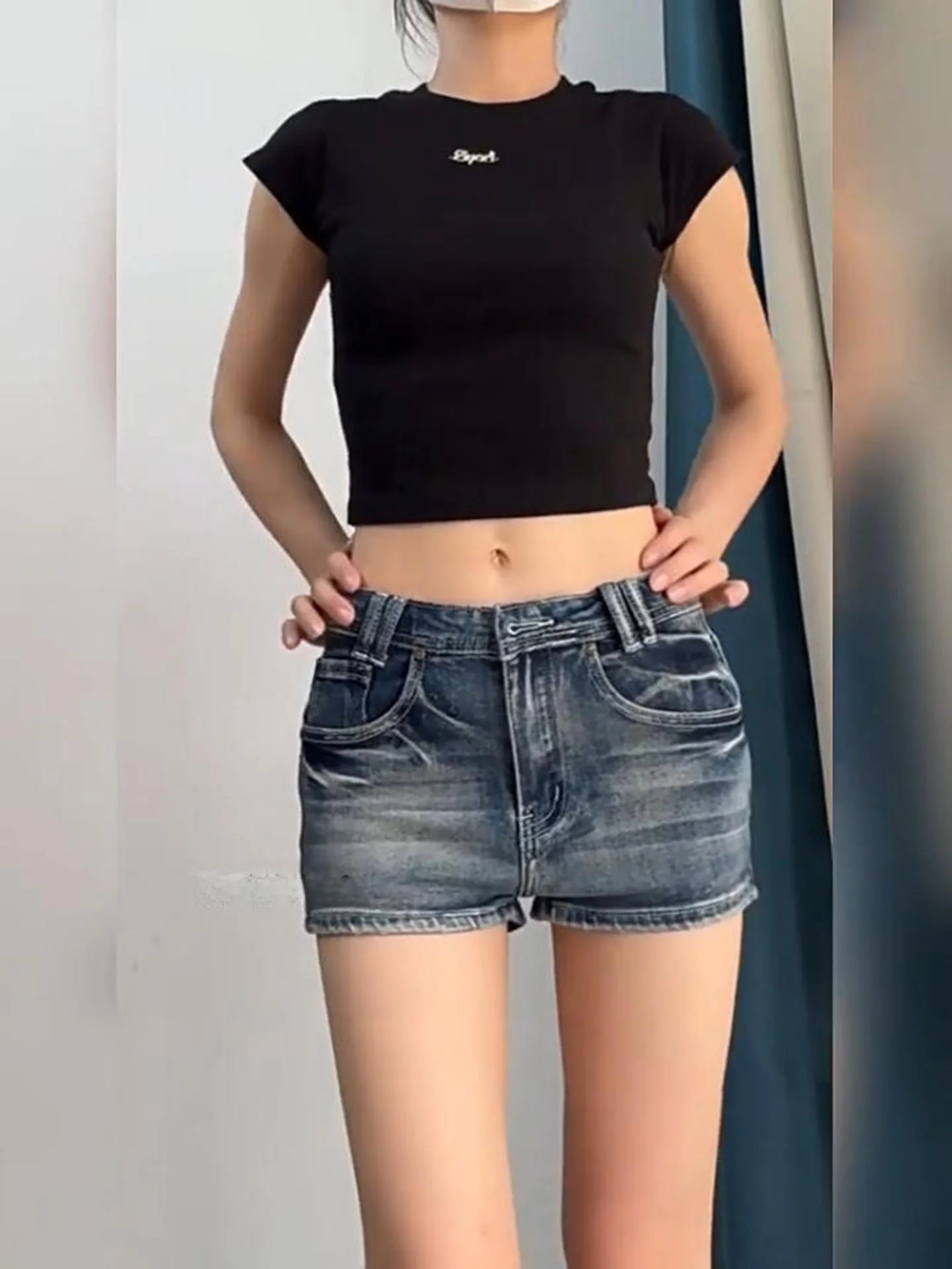 

Blue Washed Denim Short Shorts Women's Summer Small Size Butt Covering Elastic Tight Super Short A-Line Spicy Hot Pants
