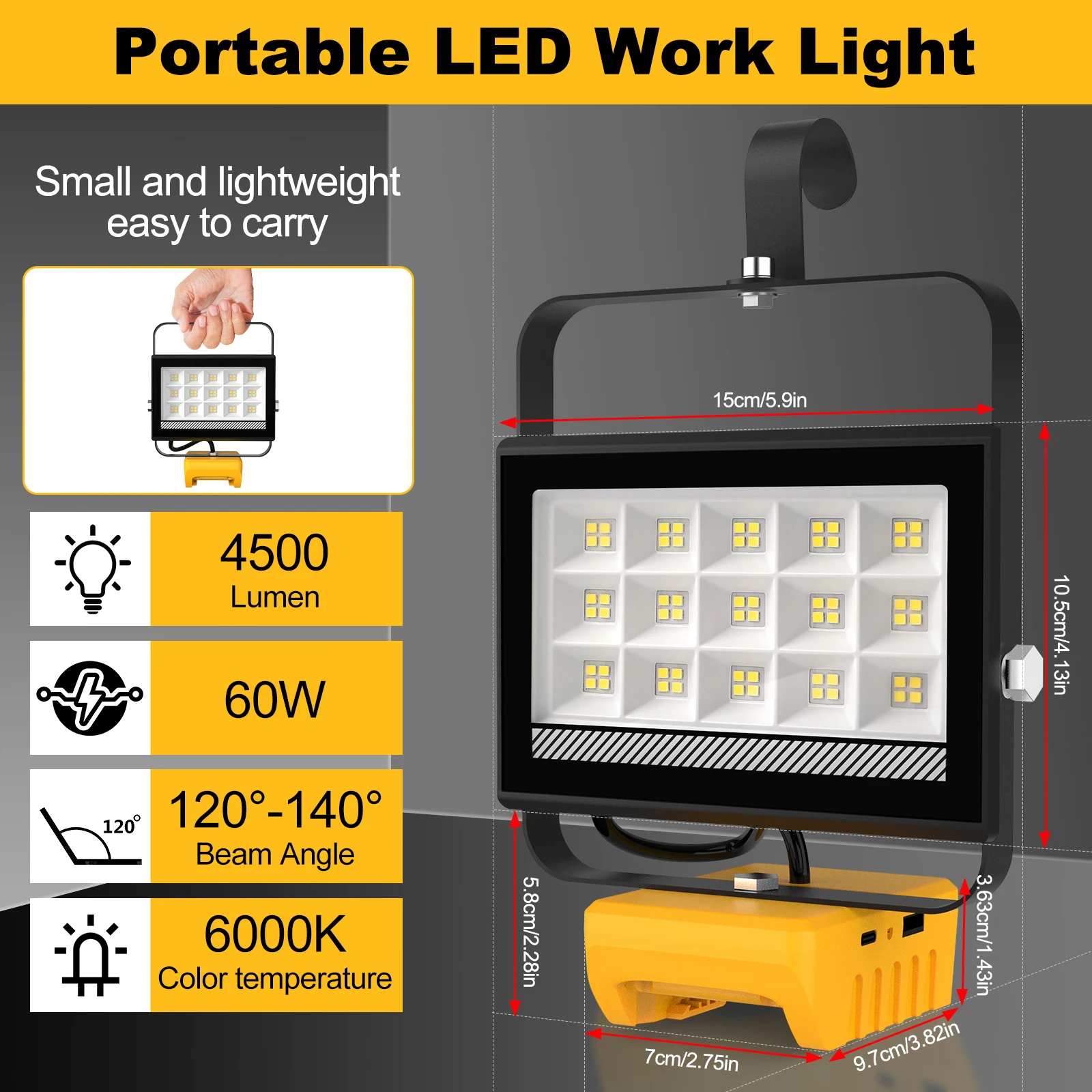 Portable 60W LED Work Light With Hook Handheld Emergency Tool Camping Light 6000LM 60LED Rechargeable LED Flood Light for DeWalt