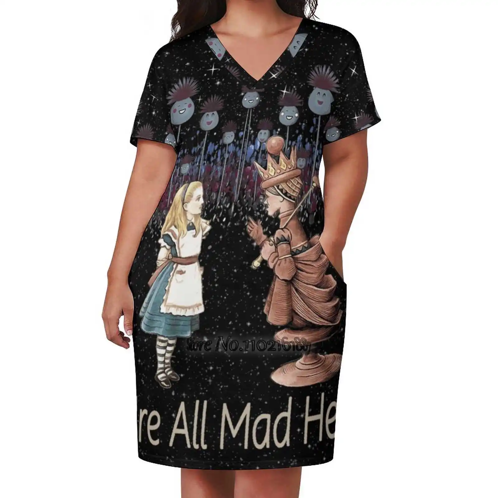 

We'Re All Mad Here - Flower Garden - Alice In V-Neck Short Sleeve Dress A-Line Skirt Women'S Clothing Office Lady Elegant Skirt