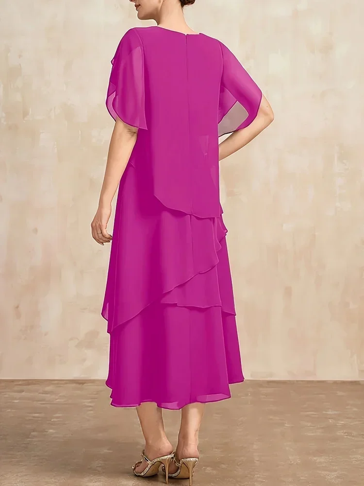 Mulheres elegantes vestido de chiffon manga curta o pescoço sólido festa irregular em camadas pétala manga verão moda maxi vestido