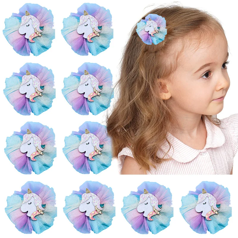 ncmama 2Pcs Unicorn Rainbow Mesh Hair Clip For Girls Cute Cartoon Animal Hairpin Kids Barrettes Headwear Hair Accessories Gifts