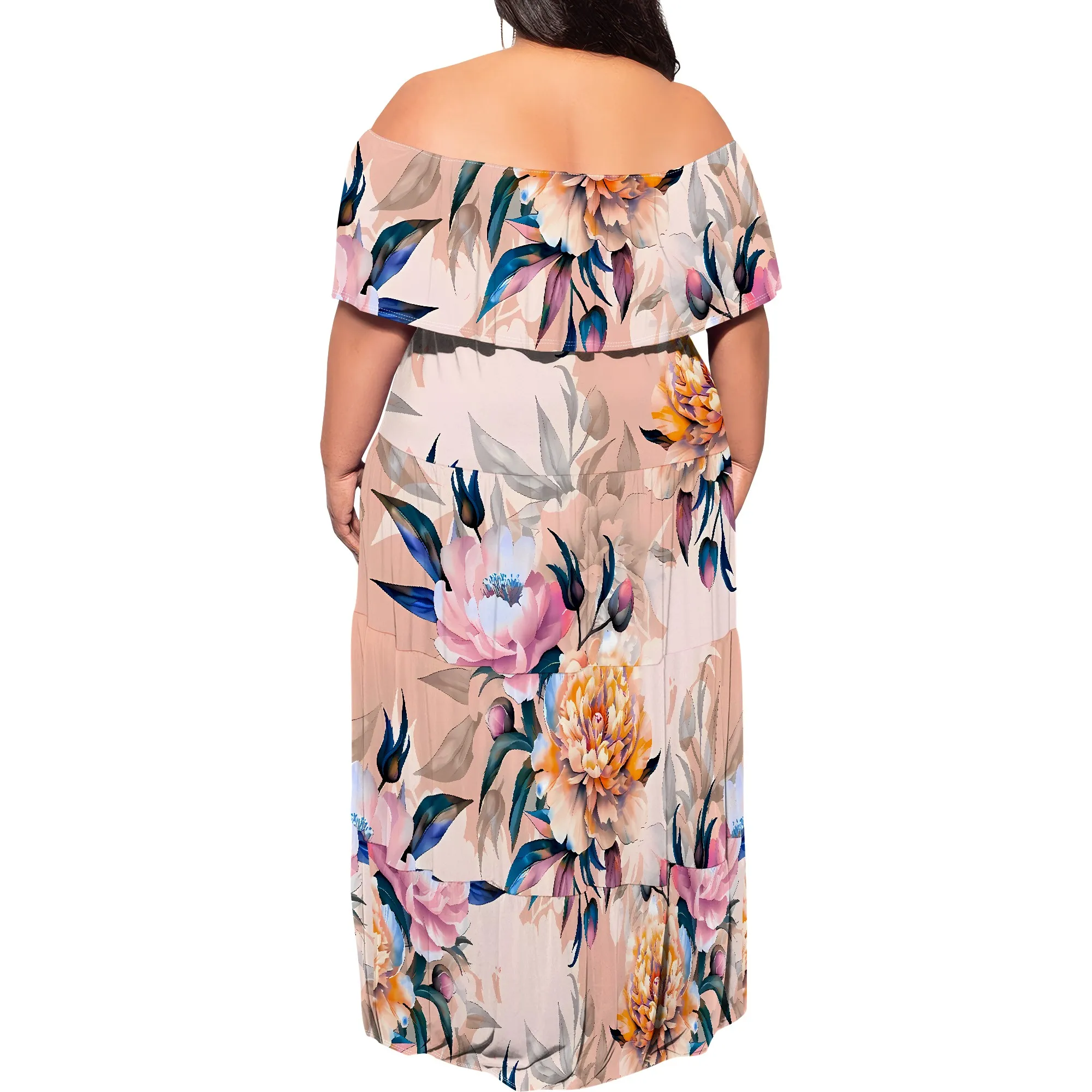 Plus Size Leopard Print Dress with Red Roses Women Off Shoulder Sexy Summer Maxi Dress