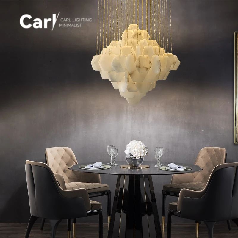 

Light Luxury Modern Atmospheric Minimalist Living Room Dining Room Revolving Staircase Duplex Villa Marble Pendant Light