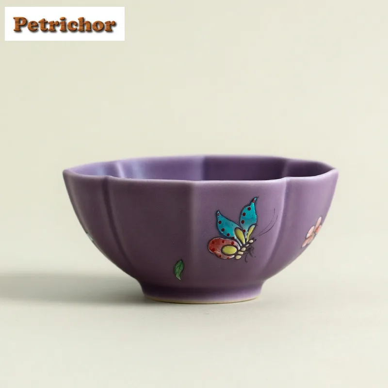 

45ml Hand-painted Butterfly Purple Teacup Creative Tea Bowl Jug Tea-tasting Meditation Cup Chazhan Master Cups Teaset Ornaments