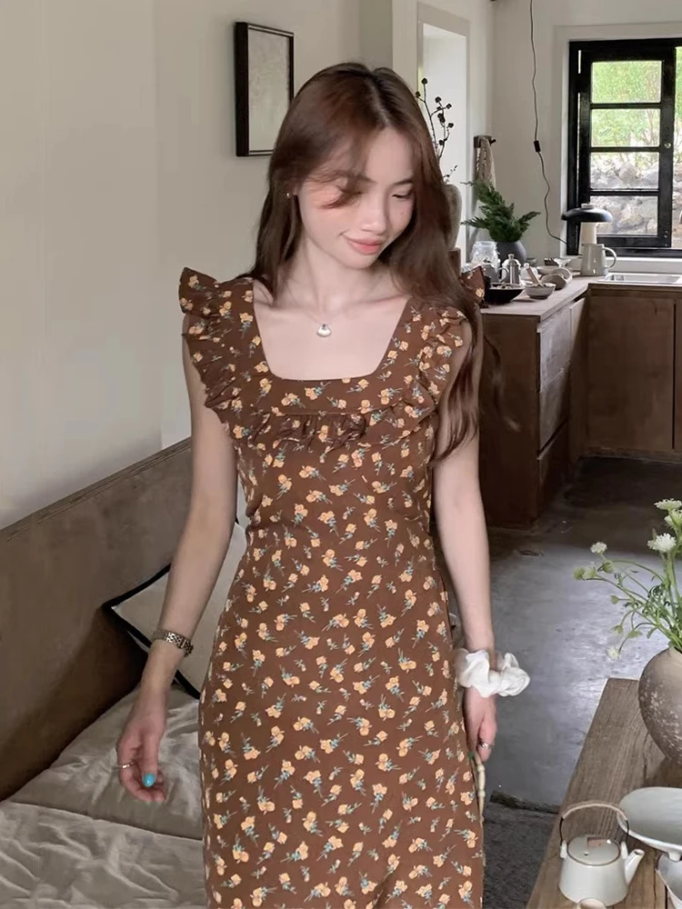 Romantic Summer Floral Print Dr Women's High Waist V-Ne Two-Way Tie Waist Slimming Fly Sve Long Dr Commute Sle