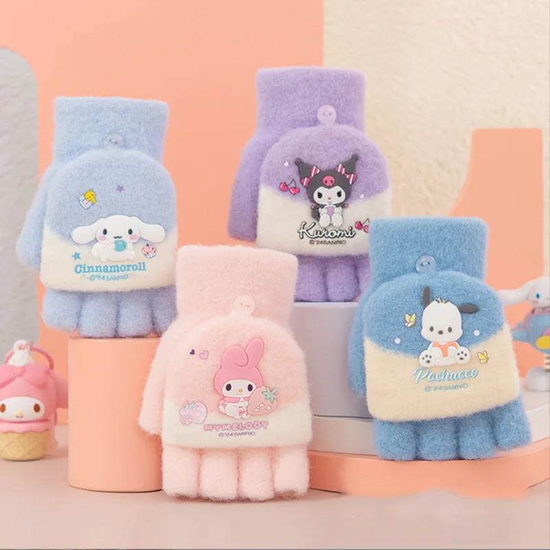 

Kawaii Sanrio Hello Kitty Kuromi перчатки с полупальцами детские толстые теплые перчатки с пятью пальцами студенческие письменные подарки для девочек игрушки