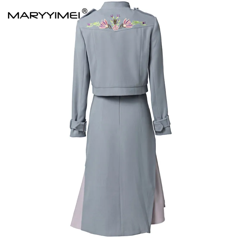 MARYYIMEI Autumn Winter Women's Suit Long-sleeve Stand Collar Tops+Fashion Flounced Edge Skirt Embroidery 2 piece set