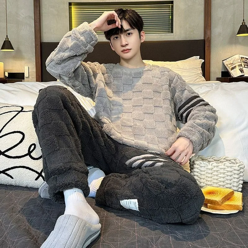 

Male Coral Velvet Pajamas Autumn Winter Fleece-lined Thickened Round Collar Nightclothes Sets Flannel Warm Youth Homewear Suit