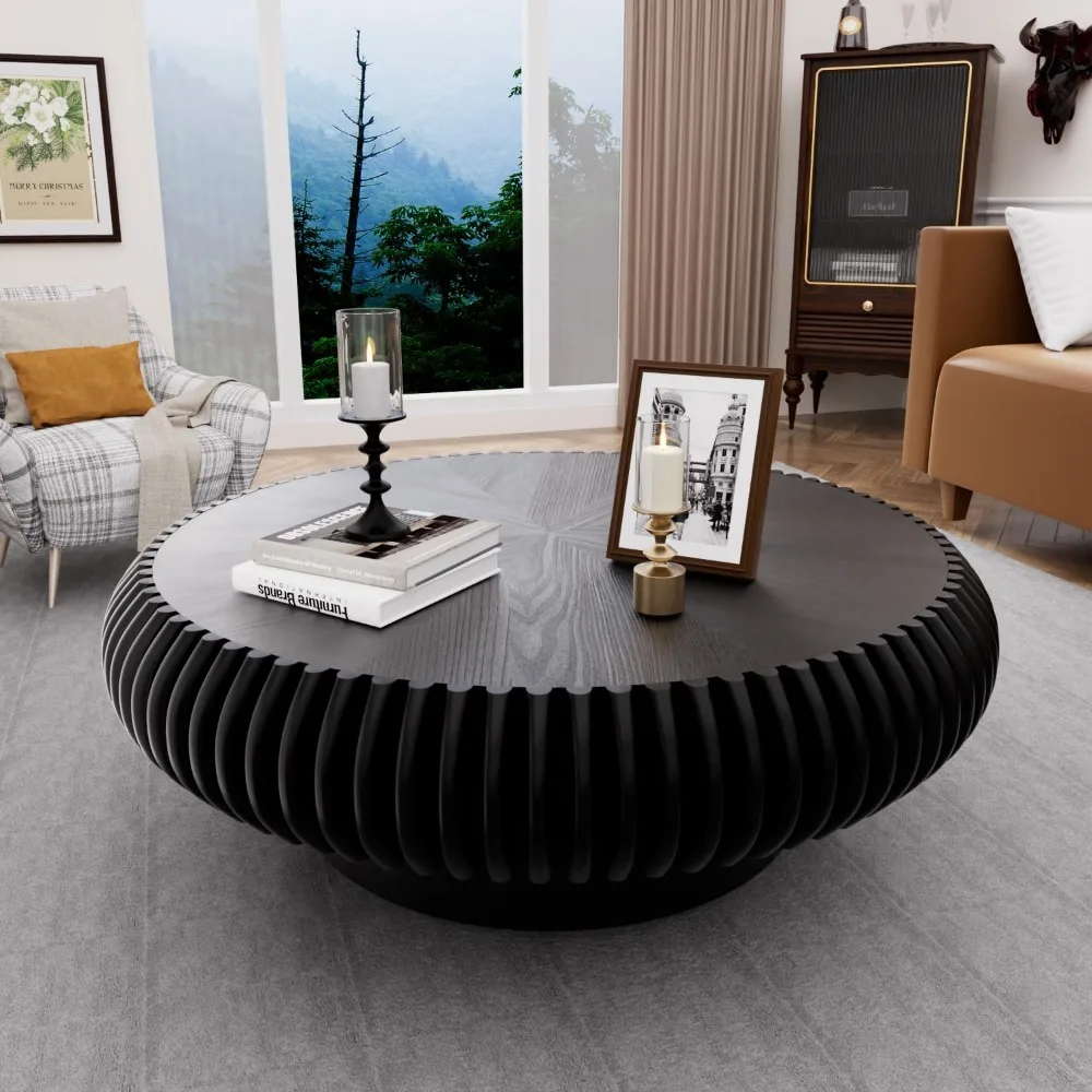 39.3 Drum Coffee Table Modern Unique Fluted Tea Table Contemporary Wood Round