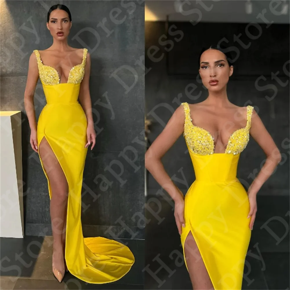 Vestido de fiesta de sirena ajustado con abertura lateral alta para mujer, vestido de noche de satén, lentejuelas personalizadas, amarillo