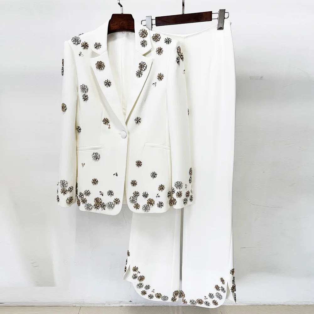 

HIGH QUALITY Newest 2026 Designer Suit Women Stunning Beaded Diamond Suit Blazer Pants Set 2PCS