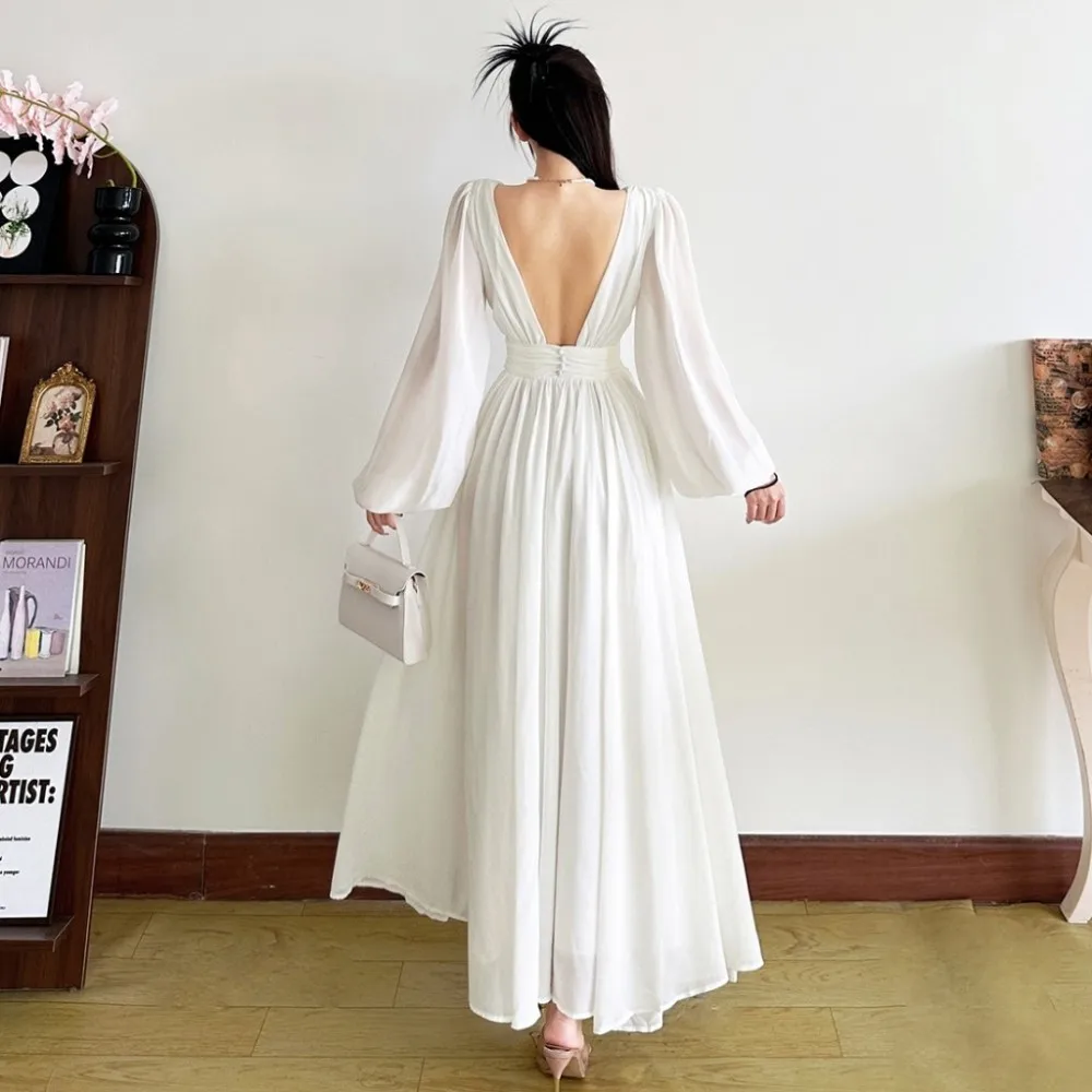 SylCue Sexy Backless Lange Kleider Frau Kreuz V-ausschnitt Durchsichtig Volle Hülse Süße Mädchen Geburtstag Party Geraffte Elegante Vestidos