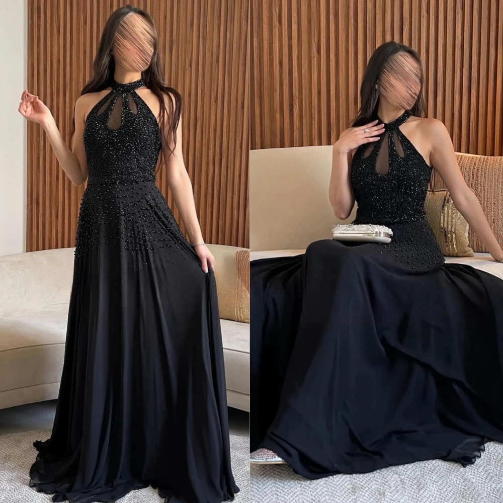 Customized High Quality Halter A-line Evening Dresses Paillette Satin Floor Length Custom Dress Saudi Arabia