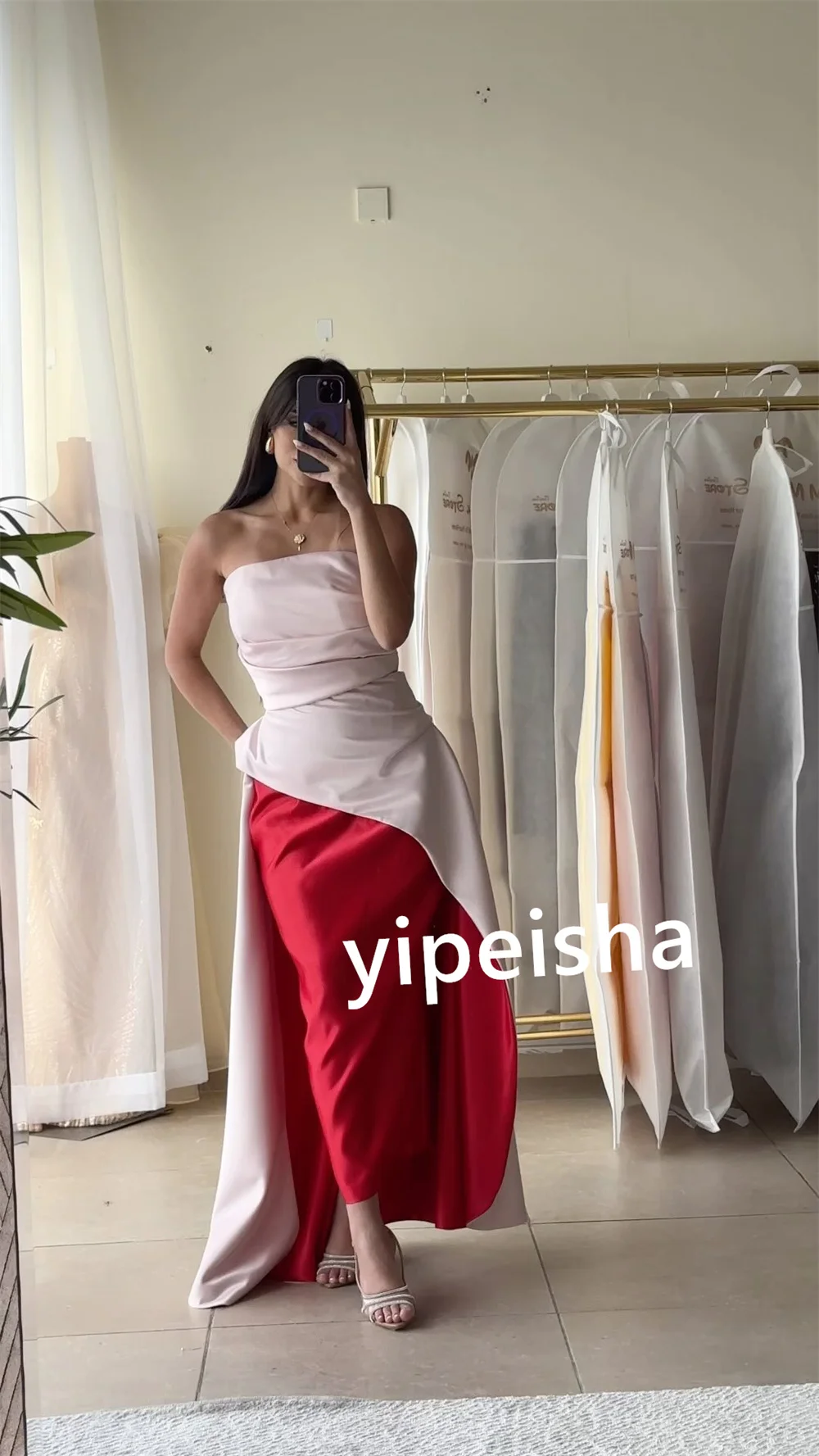 Sizes Available Satin Pleat Sheath Strapless Midi Dresses Cocktail Dresses Chinese Style Formal Casual Simple High Quality