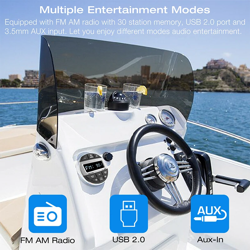 AKAMATE Boat Media MP3 Player Marine Stereo Waterproof Bluetooth Audio Radio FM AM Receiver for UTV ATV SPA RZR