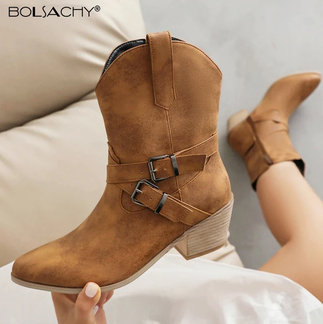 Botas vaqueras de tacón alto y grueso con punta en pico y hebilla para mujer, talla grande 43, botines estilo cosaco para otoño e invierno.